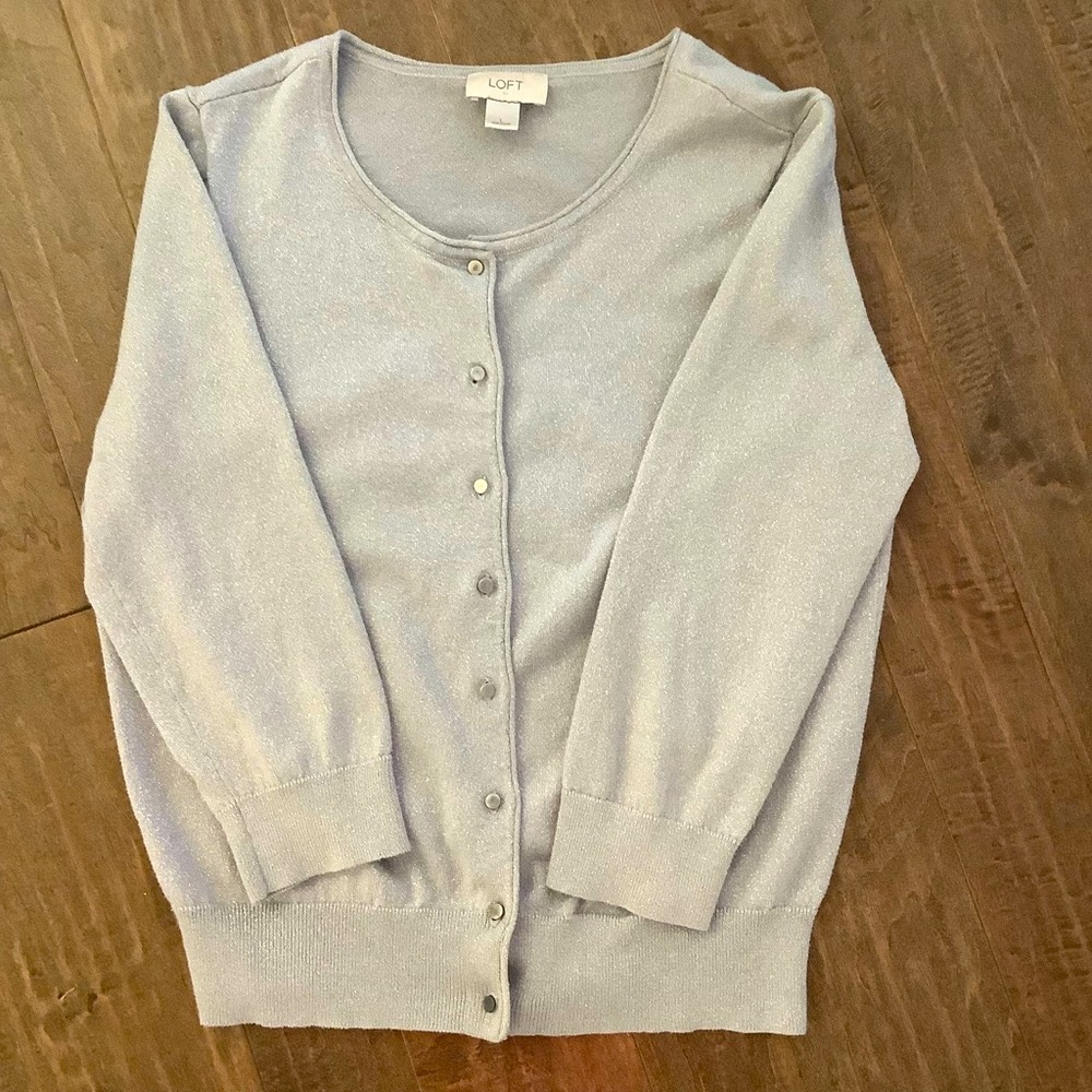 LOFT Light Gray W/ Silver  Threads, 3/4 Length Sleeves Cardigan,  Size L